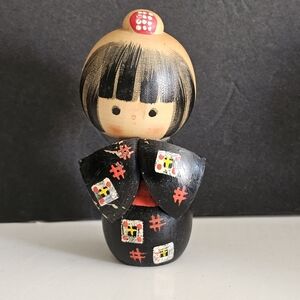 Vintage Kokeshi Doll Black with Red Accents Handmade Handpainted 4.5in